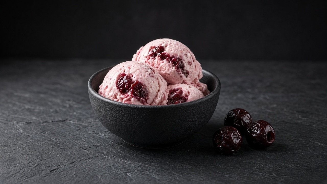 Pale pink custard ice cream streaked with roasted cherries in a black bowl, beside three dark roasted cherries.