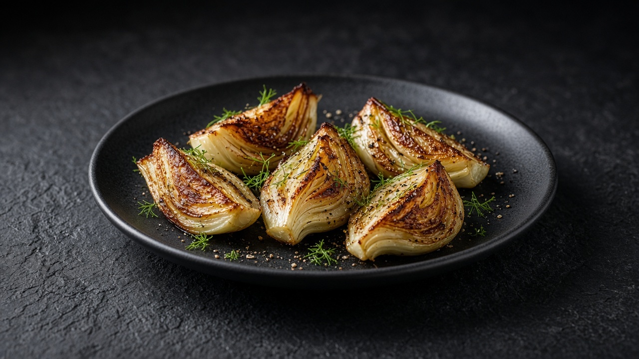 Caramelised roasted fennel wedges scattered with fronds on a matte dark plate.