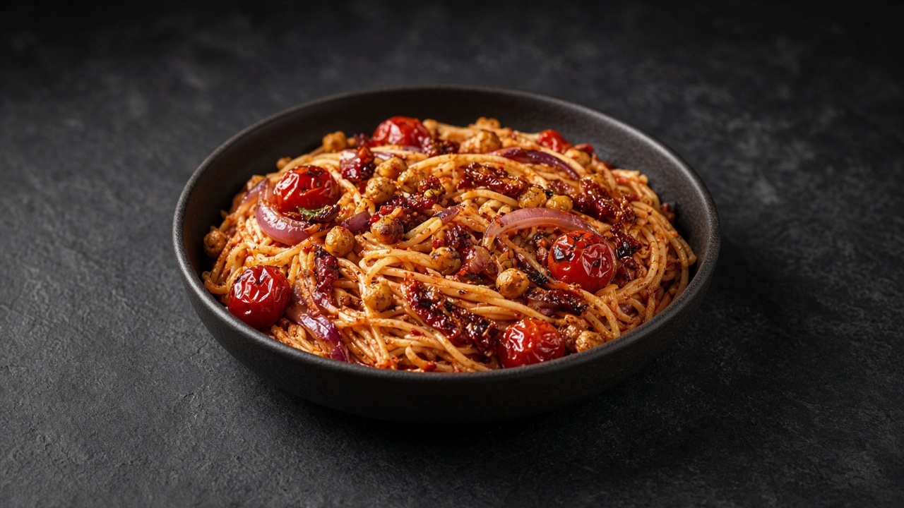 Spaghetti tossed with roasted burst cherry tomatoes, chickpeas, red onion and sun-dried tomatoes in a red harissa sauce in a dark bowl.