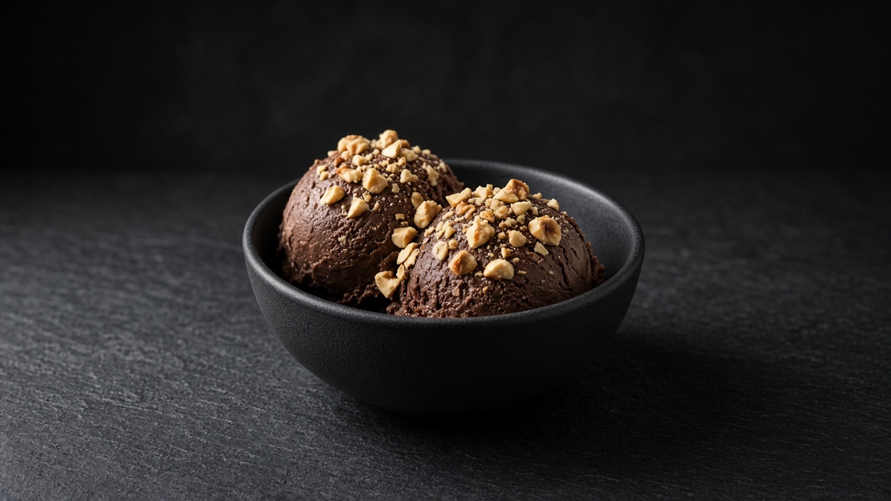 Two scoops of dark chocolate custard ice cream topped with chopped roasted hazelnuts in a black bowl.
