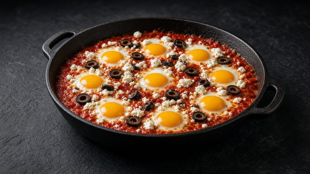 Eight eggs with soft yolks nestled in a thick red pepper and tomato sauce, topped with feta and black olives.