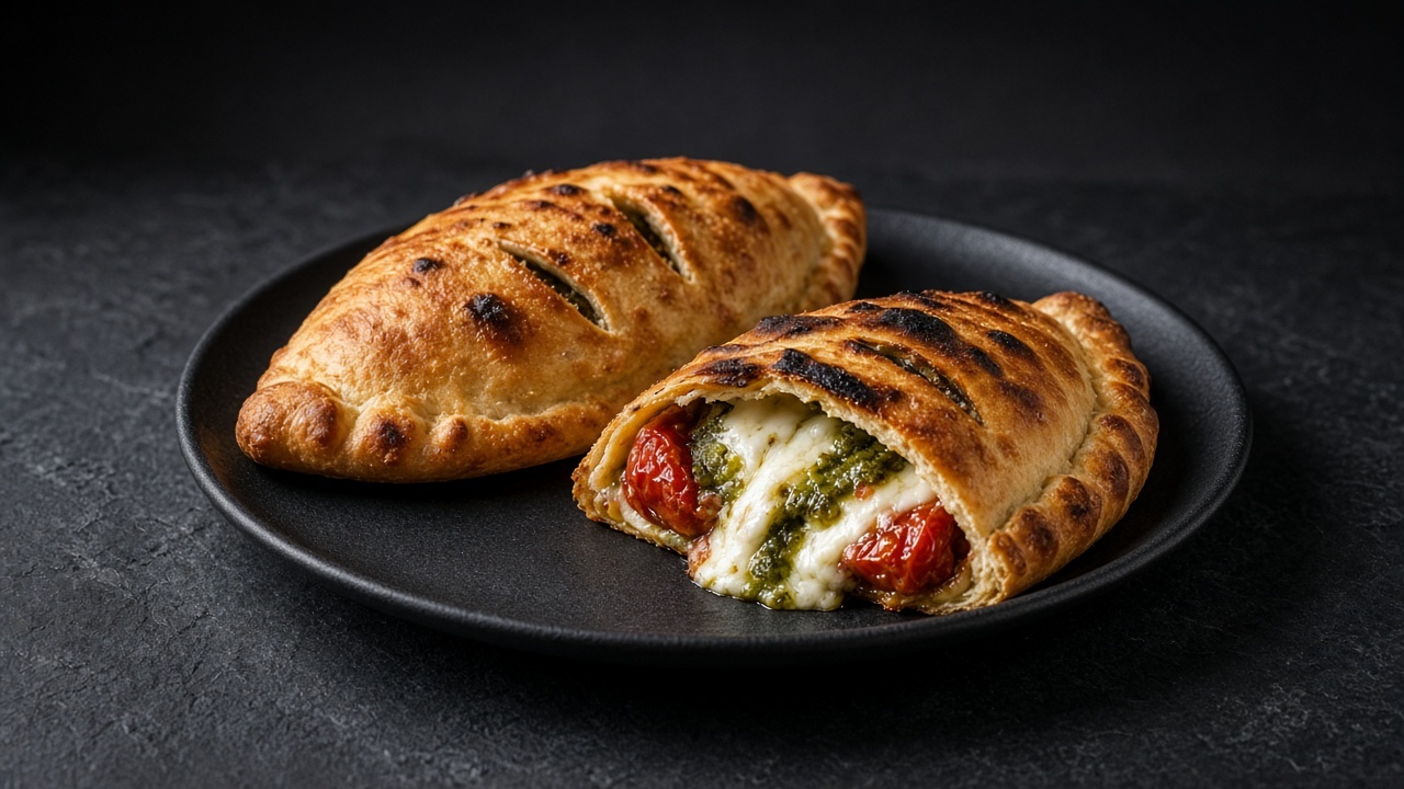 Two golden-brown calzones with slits across the top and a light char, one cut open to show roasted tomatoes, melted mozzarella and green pesto.