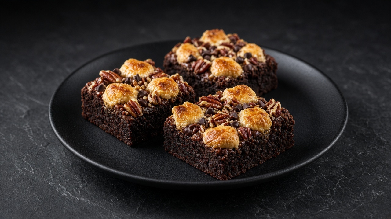 Brownie squares piled with toasted marshmallows, pecans and chocolate chips.