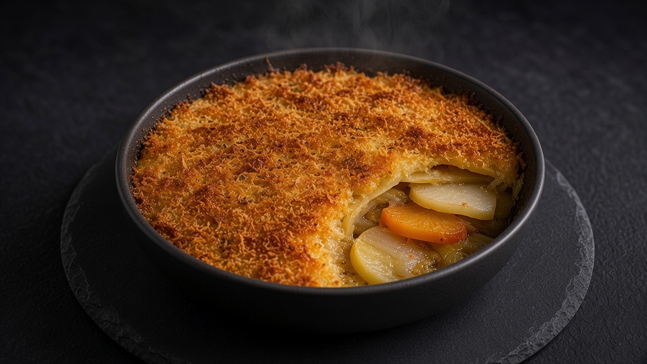 A bubbling root vegetable gratin with a deep golden breadcrumb crust in a baking dish on a matte dark slate.