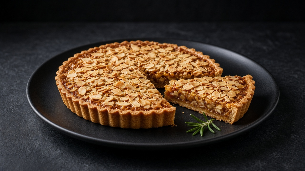 A glossy, deep golden flaked almond tart with a sprig of rosemary beside a slice.