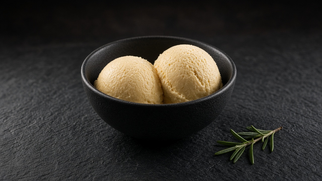 Two scoops of pale golden maple custard ice cream in a black bowl beside a rosemary sprig.