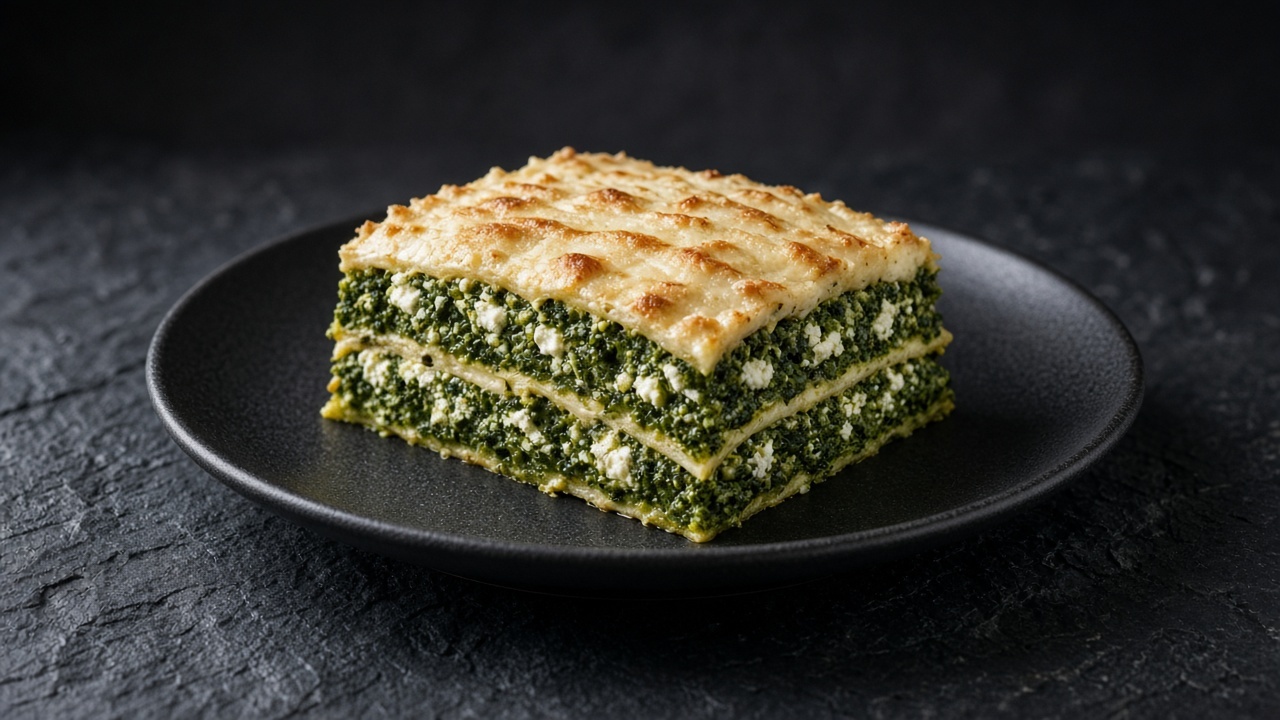 A slice of green spinach lasagne with crumbled paneer under a pale golden béchamel top.