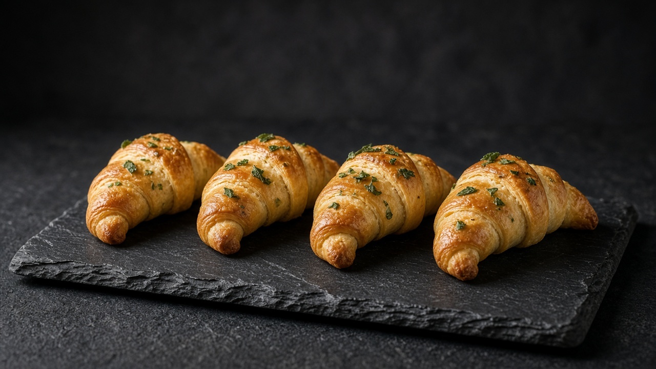 Four golden crescent rolls brushed with butter and flecked with green sage, on a slate board.