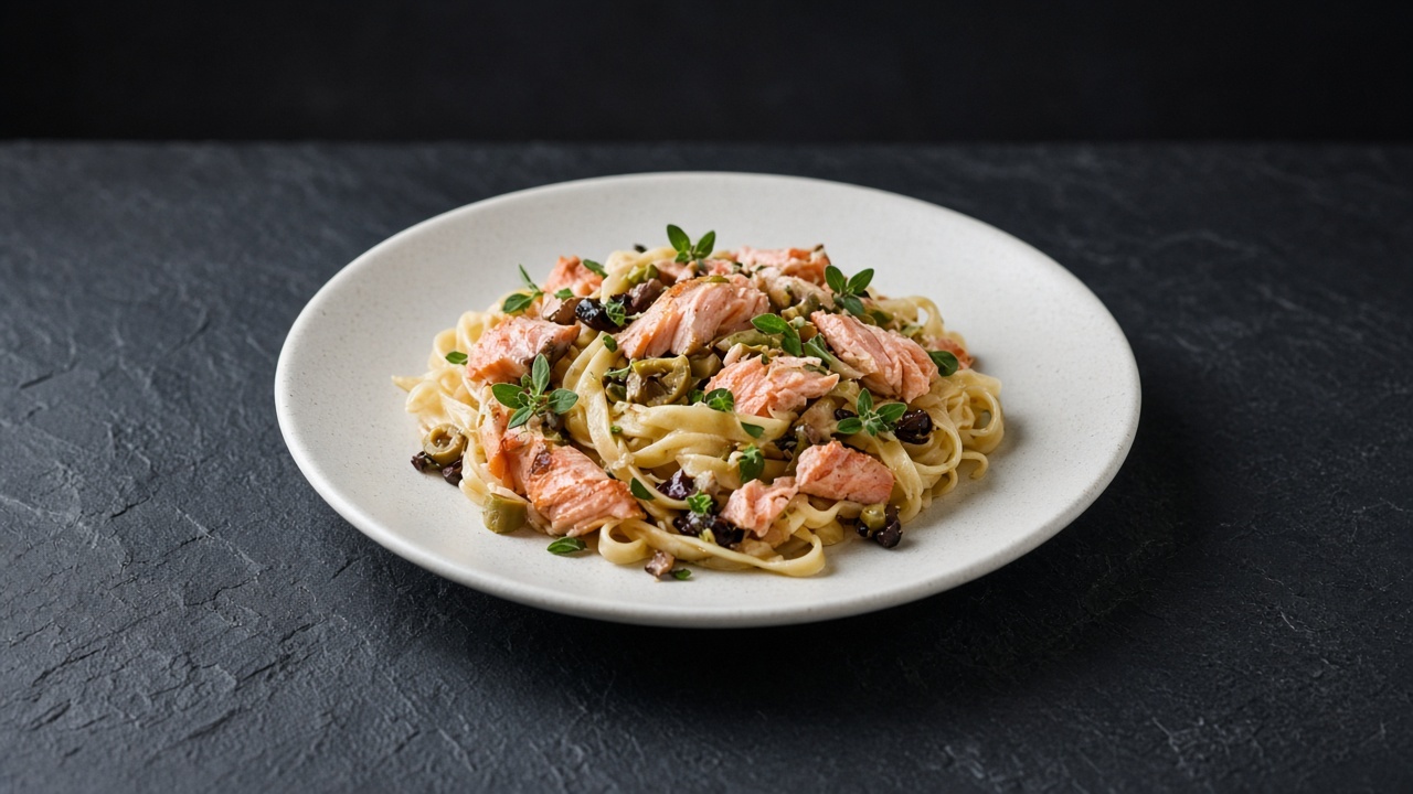 Fresh linguine with flakes of pink grilled salmon, chopped olives and oregano leaves on a white plate.