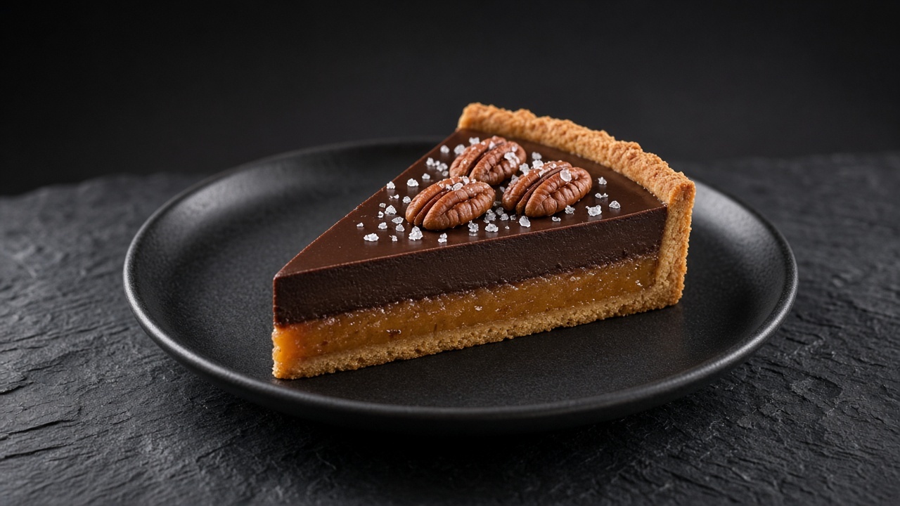A slice of chocolate tart showing a layer of amber caramel under glossy ganache, topped with pecans and flaky salt.