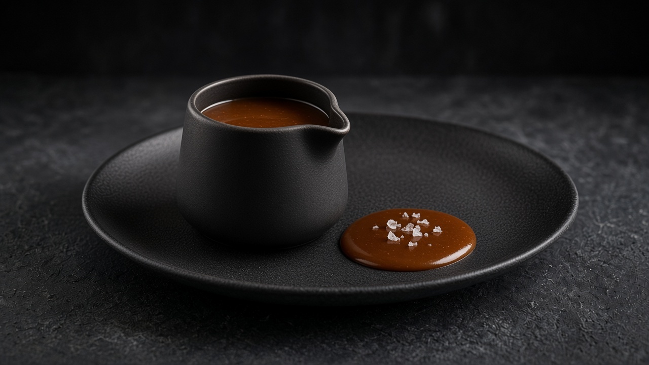 Glossy amber salted toffee sauce in a small dark jug, with a pool spooned onto a matte dark plate.