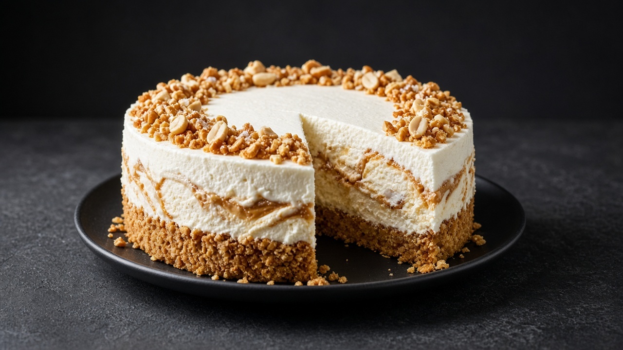 A sliced round ice-cream cake with a pretzel crumb crust, swirled peanut butter and honey ribbons, topped with whipped cream and crumbs.