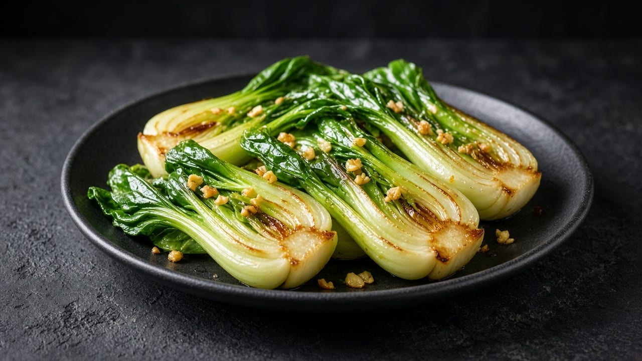 Glossy sautéed baby pak choi halves with garlic on a matte dark plate.