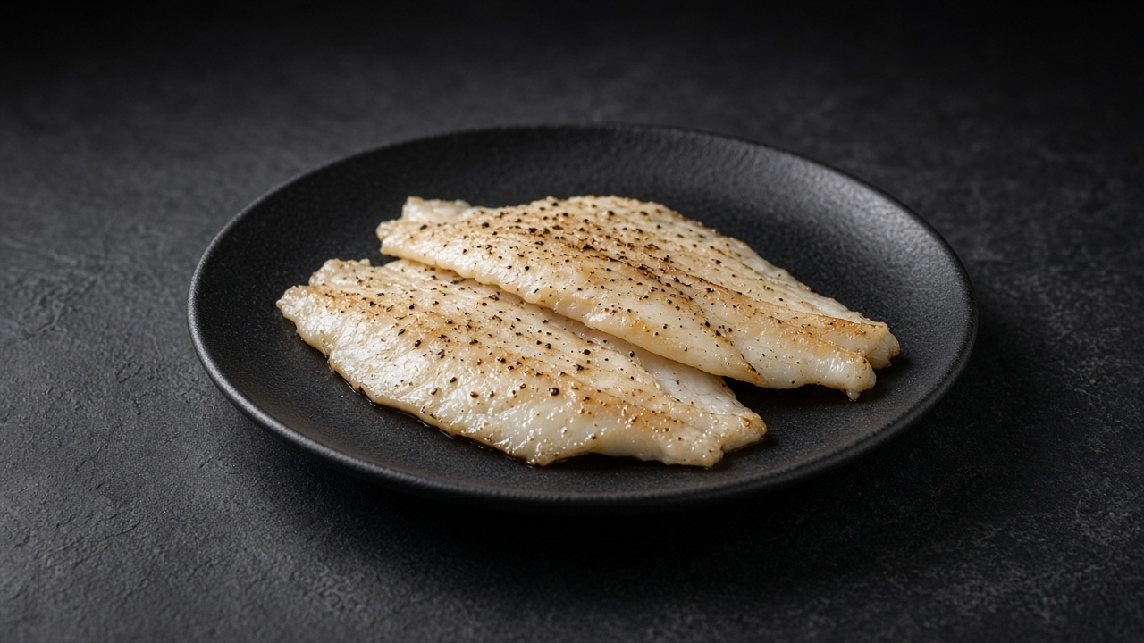 Two sautéed thin white fish fillets on a matte dark plate.