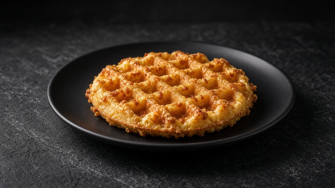 A golden savoury waffle with flecks of golden cheese in its crisp grid.