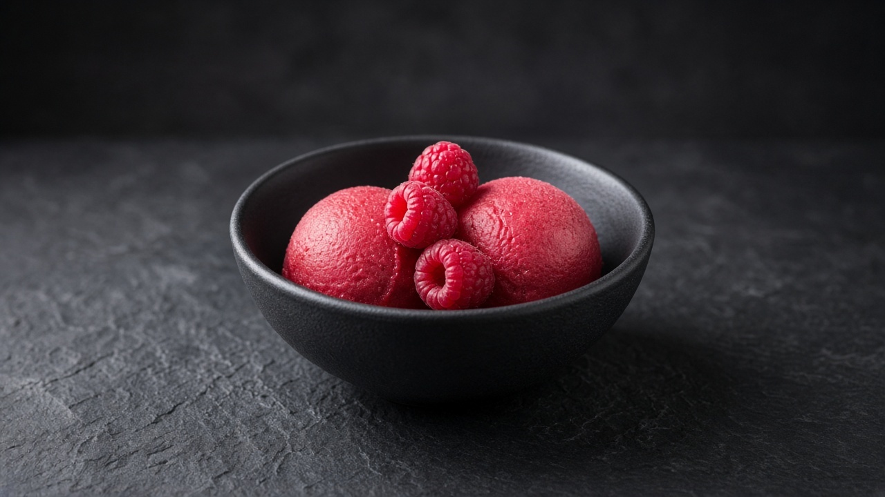 Vivid red raspberry sorbet scoops topped with fresh raspberries.