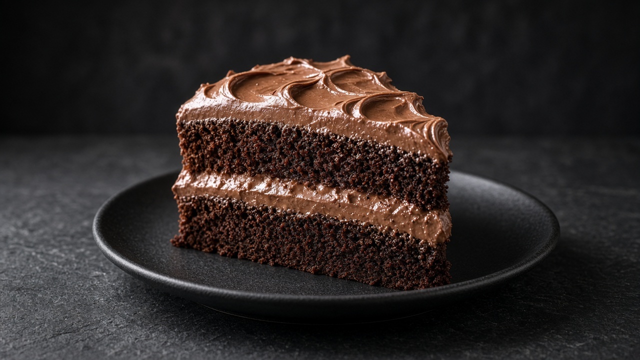 Slice of layer cake covered in swirled semi-sweet chocolate frosting on a black plate