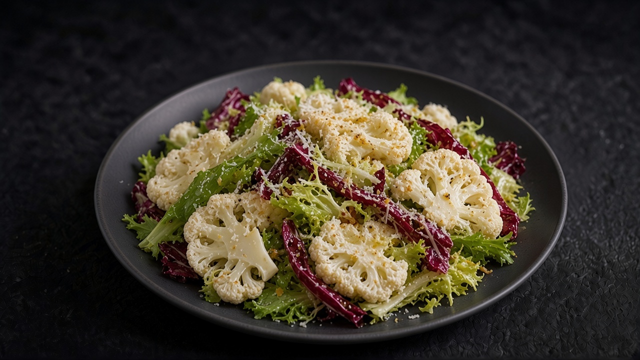 Shaved cauliflower tossed with frisée and red-tipped lettuce and finished with grated Parmesan, on a matte dark plate.