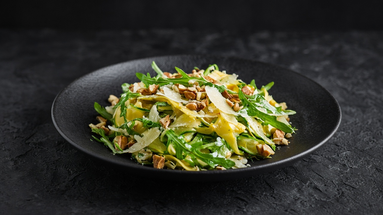 Shaved green and yellow courgette ribbons with rocket, pecorino and crushed almonds on a black plate