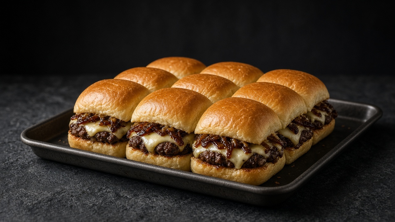 Tray of small burgers with melted cheese and caramelised onion between soft dinner rolls.