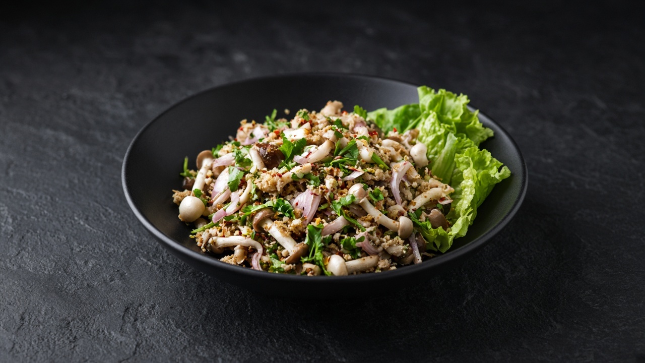 Small white and brown shimeji mushrooms tossed with sliced shallots, herbs and toasted rice powder, with lettuce leaves on the side.