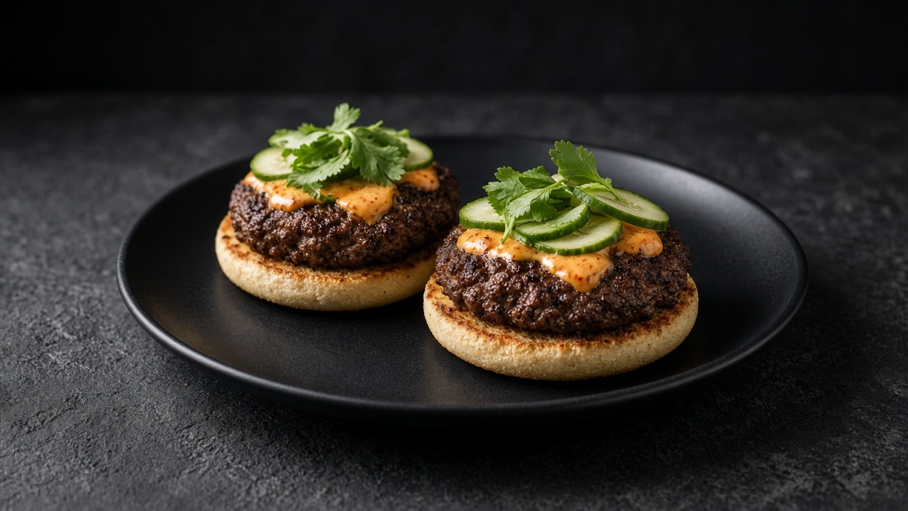 Spiced beef patties on toasted English muffins topped with chilli-ginger mayo, cucumber pickles and fresh coriander.