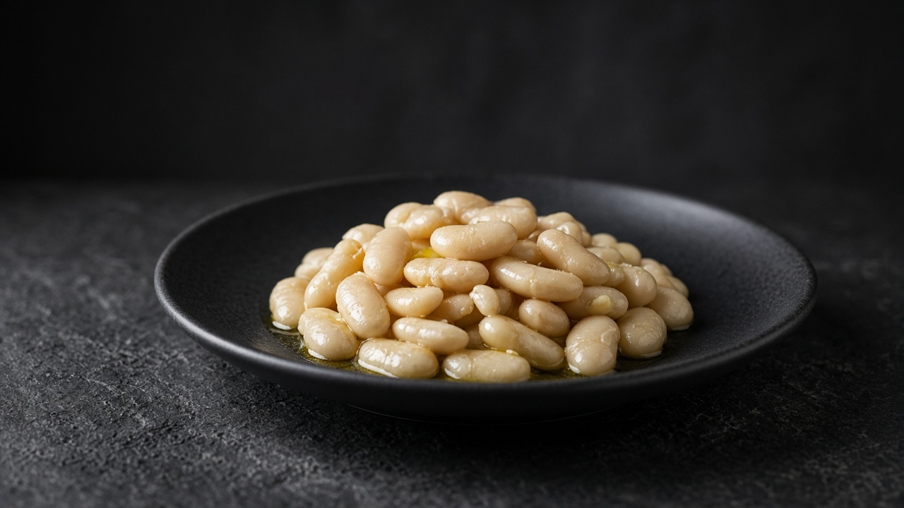Simmered white cannellini beans glossed with olive oil on a black plate