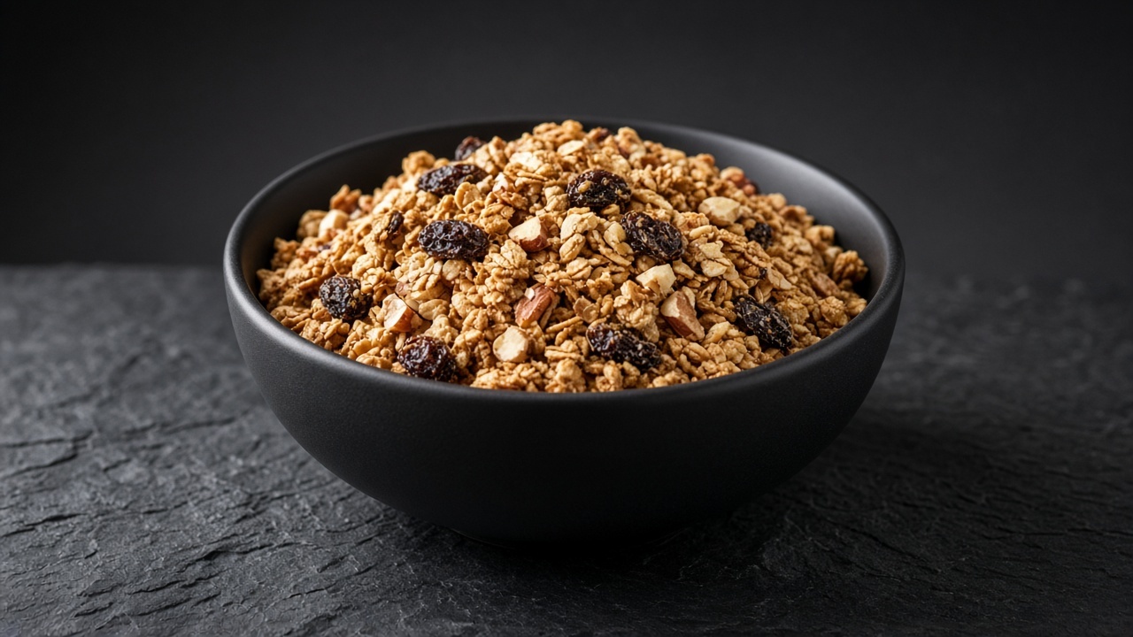 Golden-brown granola studded with dark raisins and visible almond pieces.