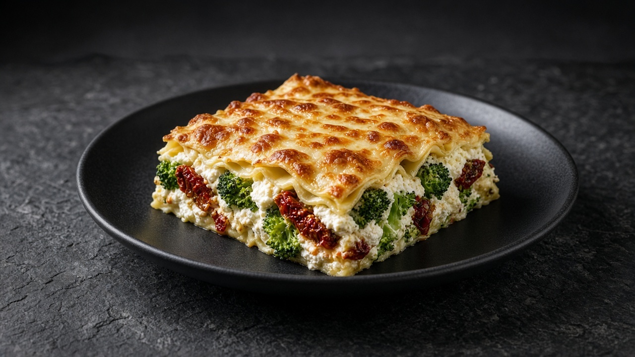 A slice of slow-cooked lasagne showing green broccoli, red sun-dried tomatoes and creamy ricotta under a golden mozzarella top.