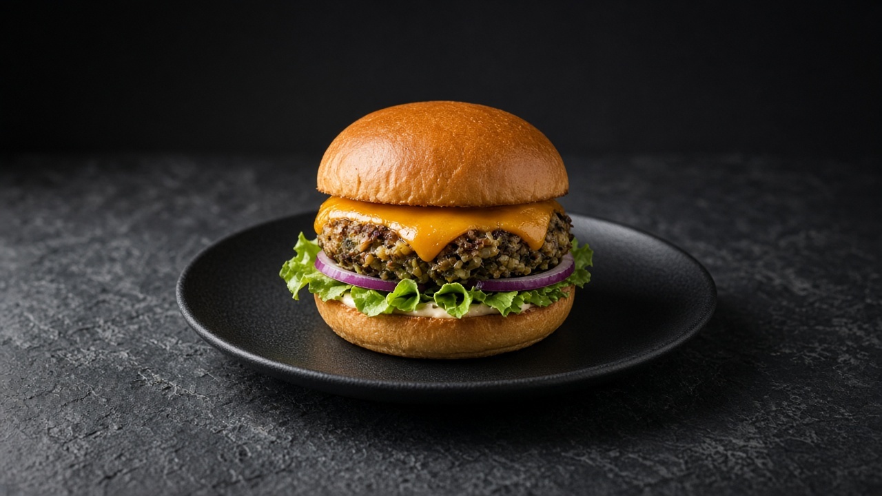 Thick veggie patty topped with melting Cheddar in a brioche bun with lettuce and red onion.