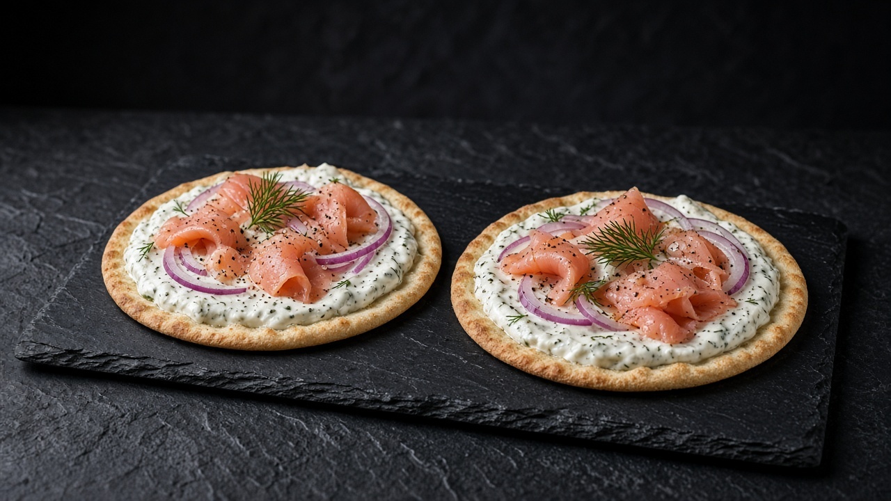 Two thin-crust pizzas topped with creamy dill sauce, red onion, folds of smoked salmon and fresh dill sprigs.
