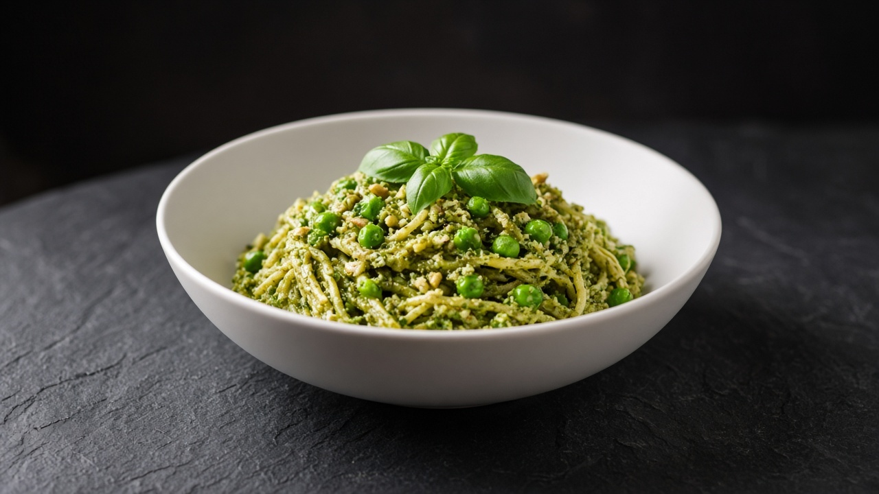 Spaghetti coated in a green almond pesto with peas and fresh basil leaves in a white bowl.