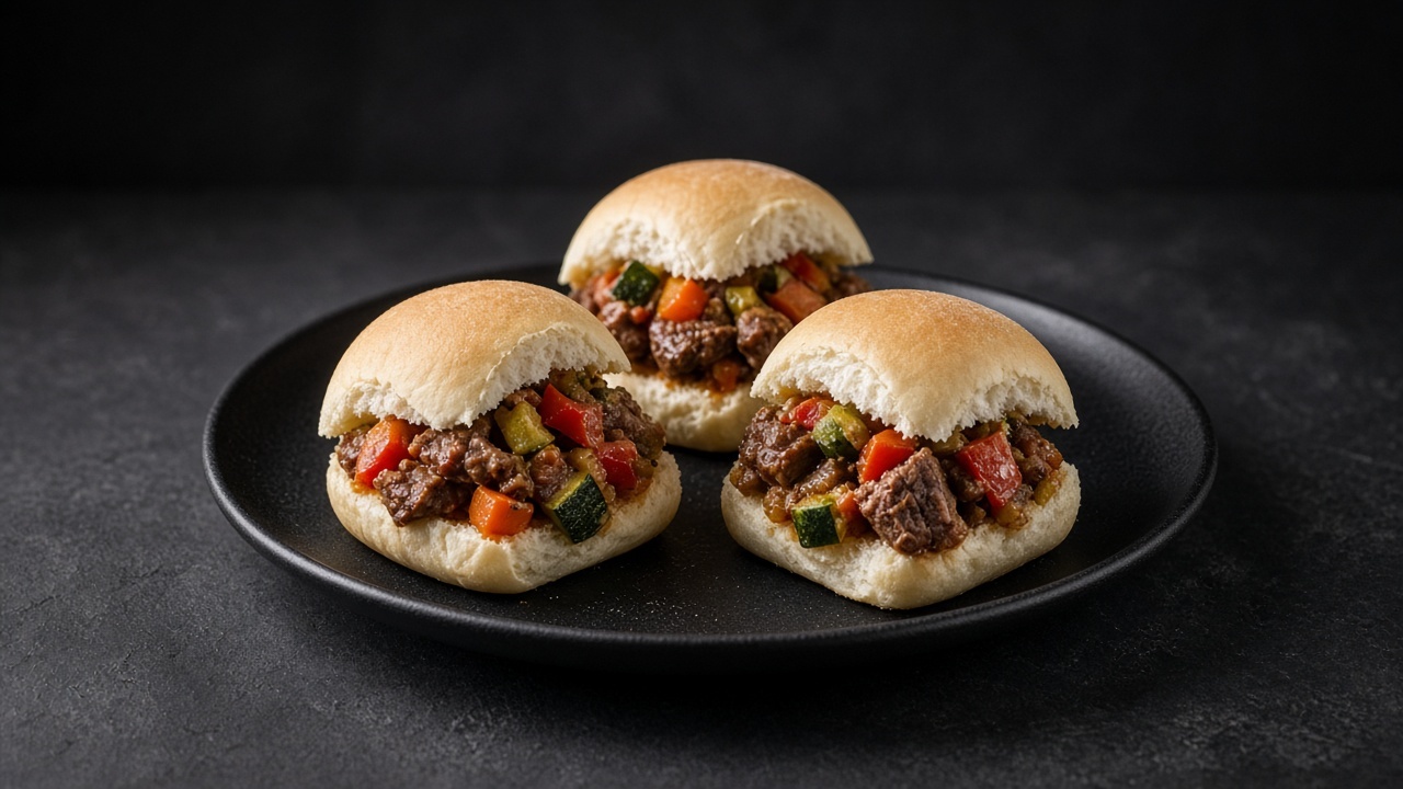 Three soft dinner rolls filled with rich beef and vegetable filling studded with carrot, pepper and courgette pieces.