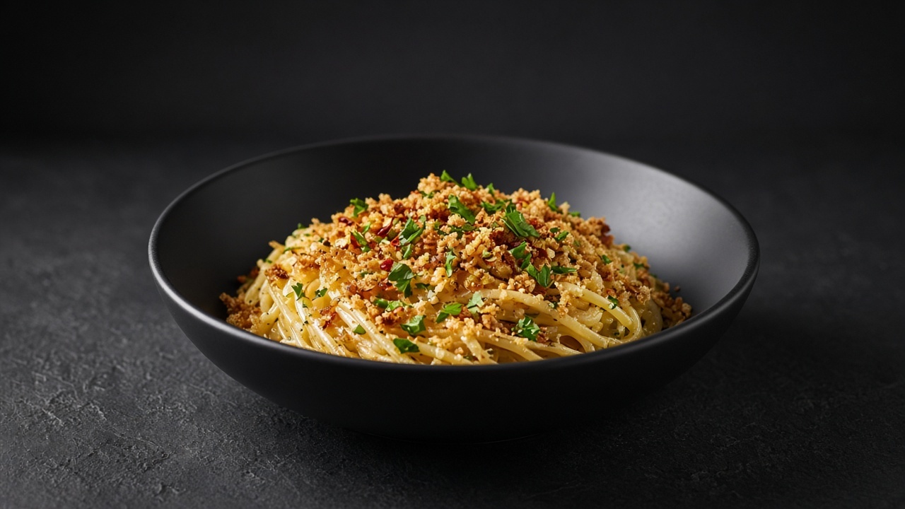 A bowl of spaghetti with anchovy and garlic, topped with crunchy golden breadcrumbs and parsley.