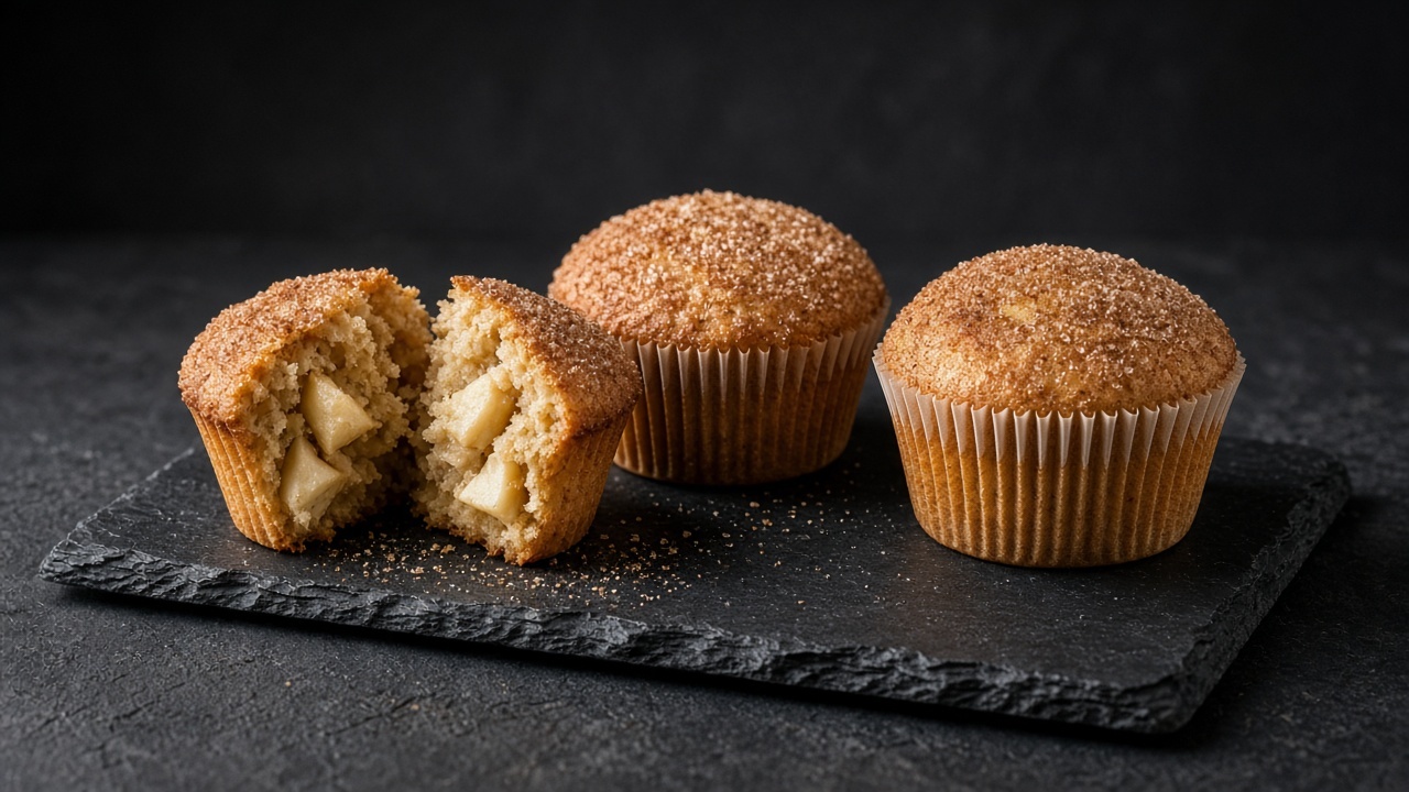 Cinnamon-sugar topped apple muffins, one split to show chunks of apple in the crumb.