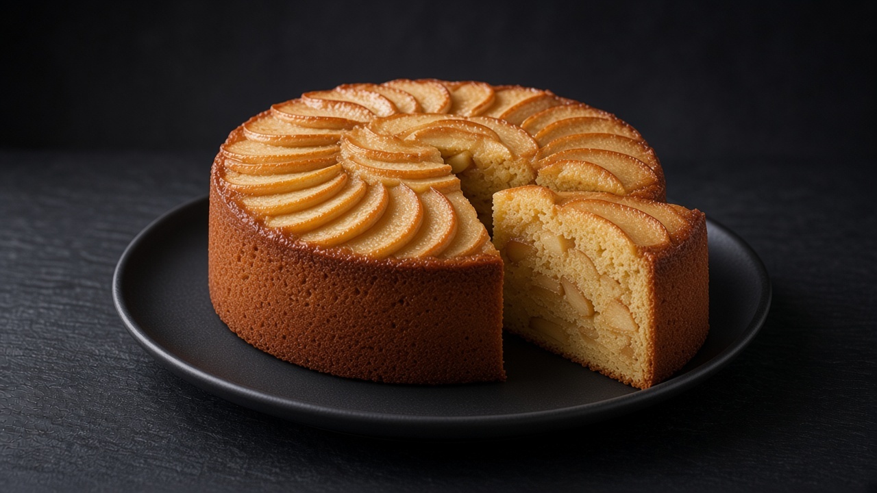 A slice of spiced apple cake with overlapping golden apple slices on top sits on a matte dark plate.