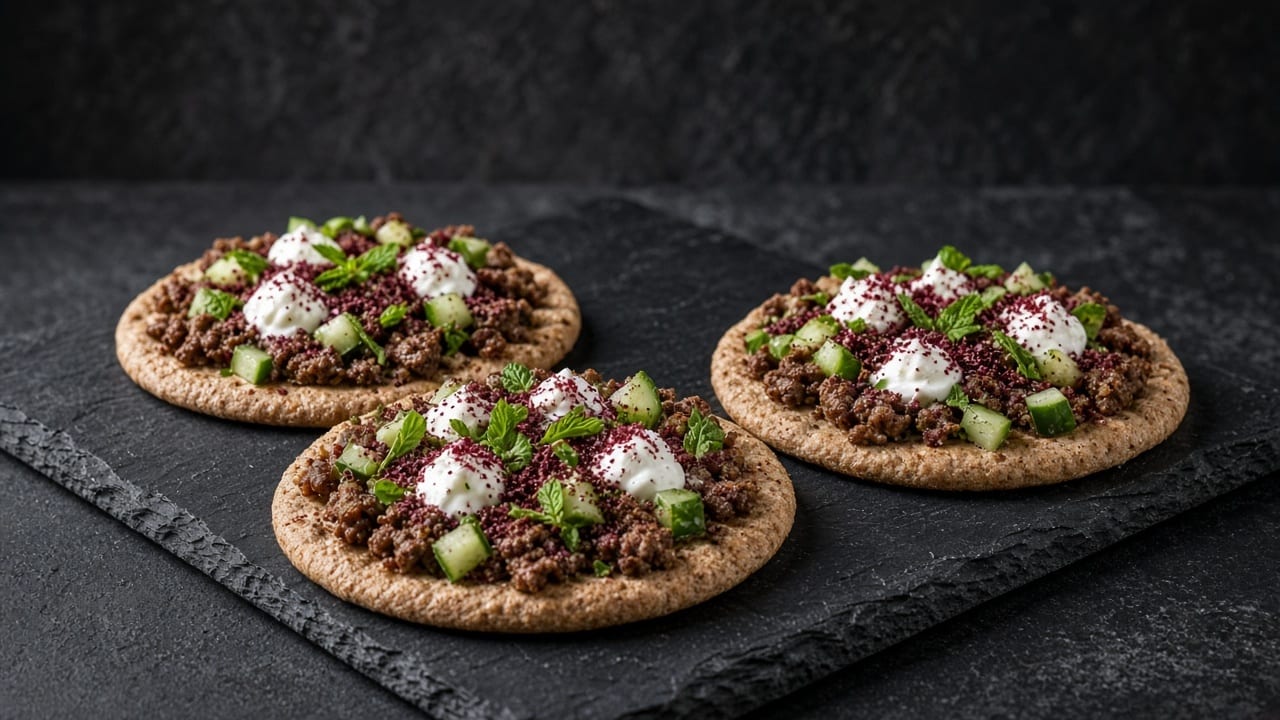 Three wholemeal tortilla pizzas topped with spiced lamb mince, deep red sumac, dollops of white yoghurt, cucumber cubes and fresh mint leaves.