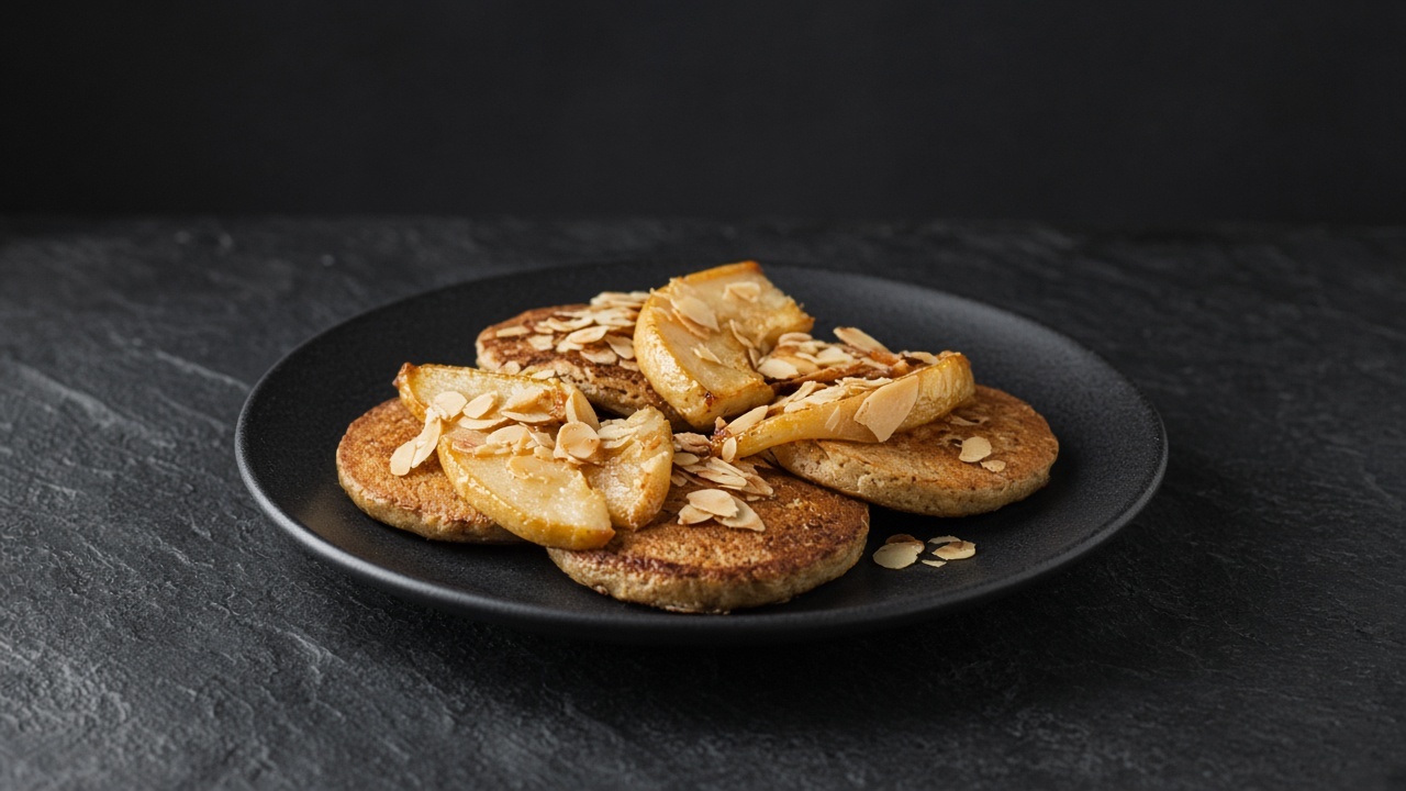 Small golden buckwheat pancakes topped with caramelised pear wedges and toasted flaked almonds.