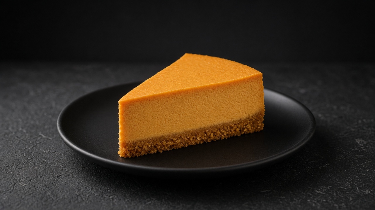A slice of orange spiced pumpkin cheesecake on a crumb base.
