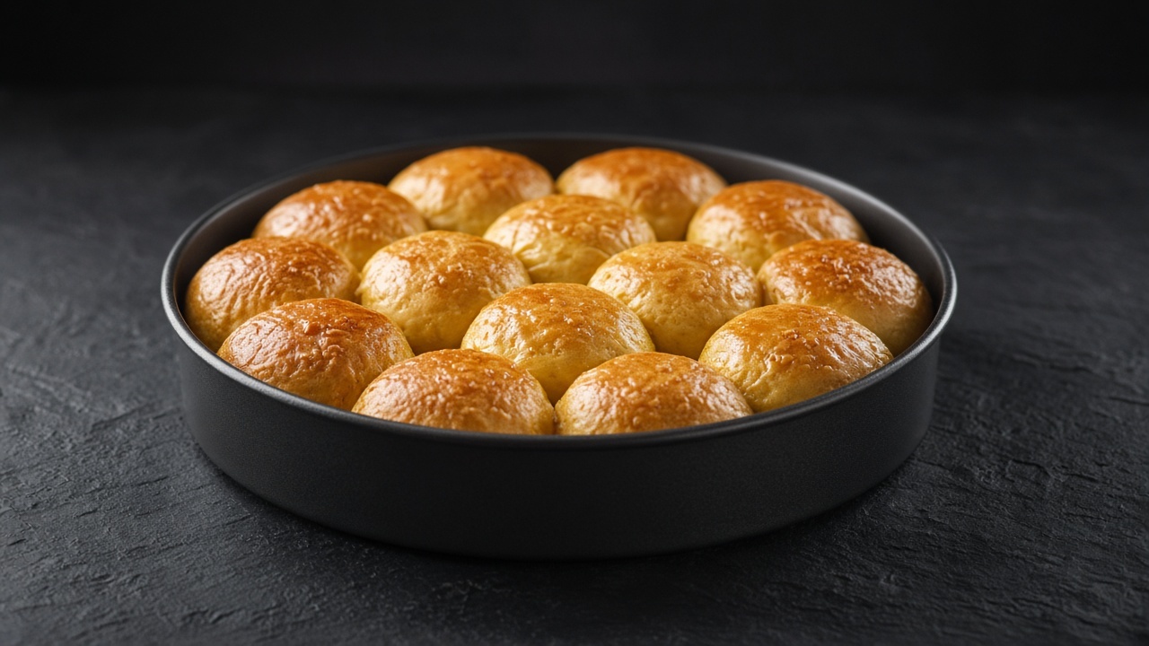 A round tin of glossy orange-gold pumpkin dinner rolls packed close together.