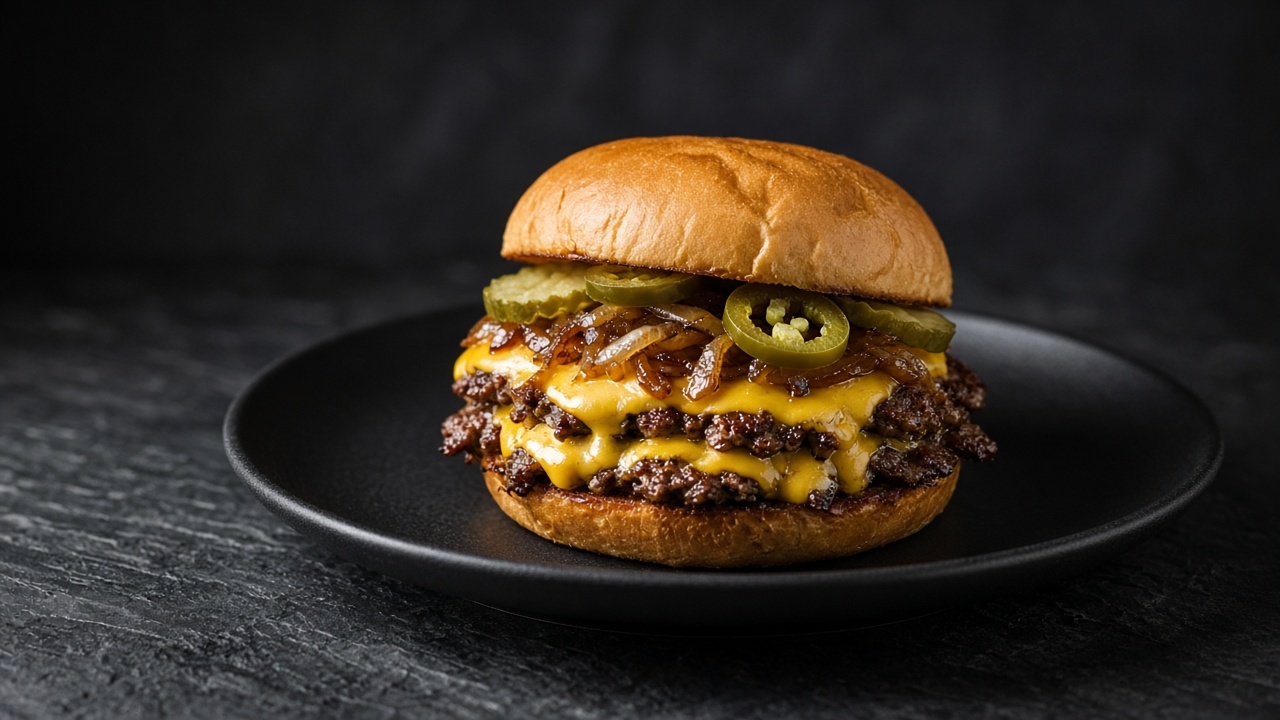 Smashed thin beef patties topped with melted American cheese, caramelised onions, dill pickles and jalapeño slices in buttered buns.
