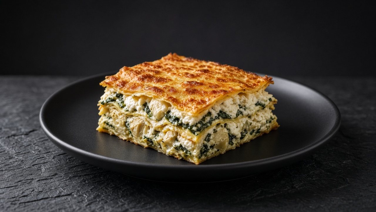 A square of lasagne with crisp golden edges, green spinach and chunks of artichoke in a creamy filling.