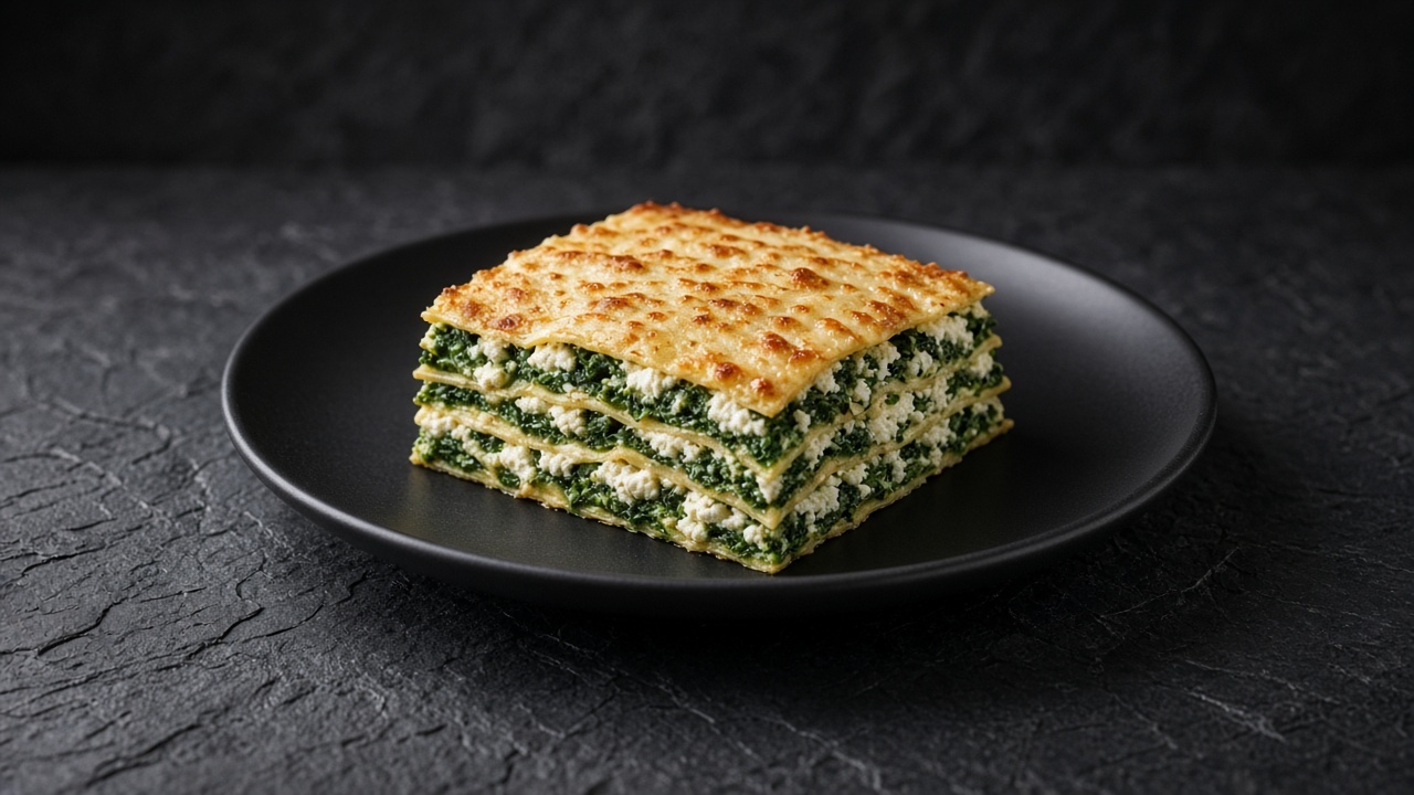 A square of green and white spinach and ricotta lasagne with a golden cheese top.