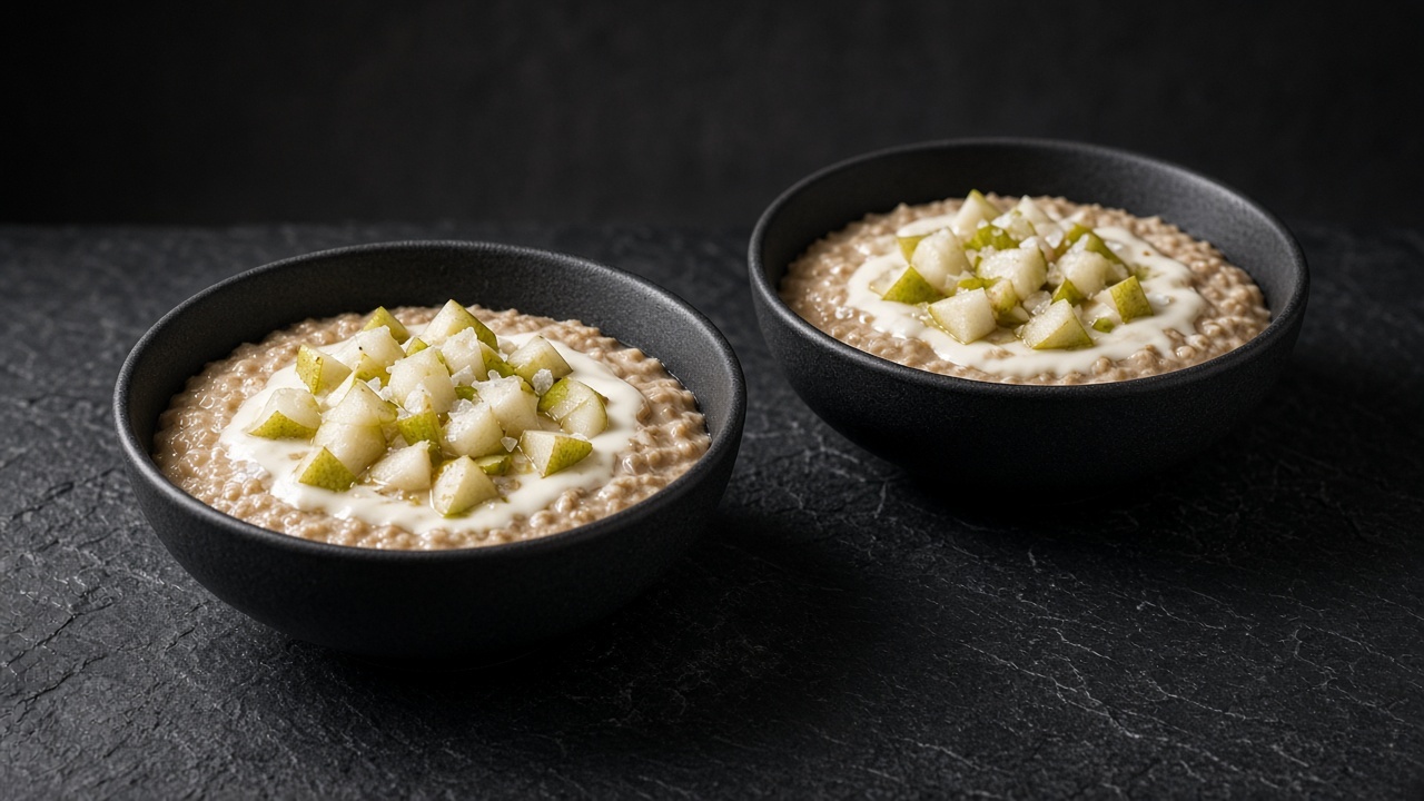 Two bowls of creamy oatmeal topped with chopped pear and a drizzle of cream, with flaky salt scattered on top.