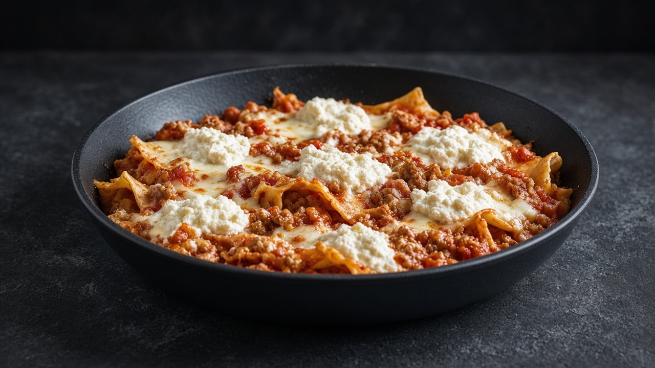 A frying pan of saucy chicken lasagne with melted mozzarella and spoons of ricotta.