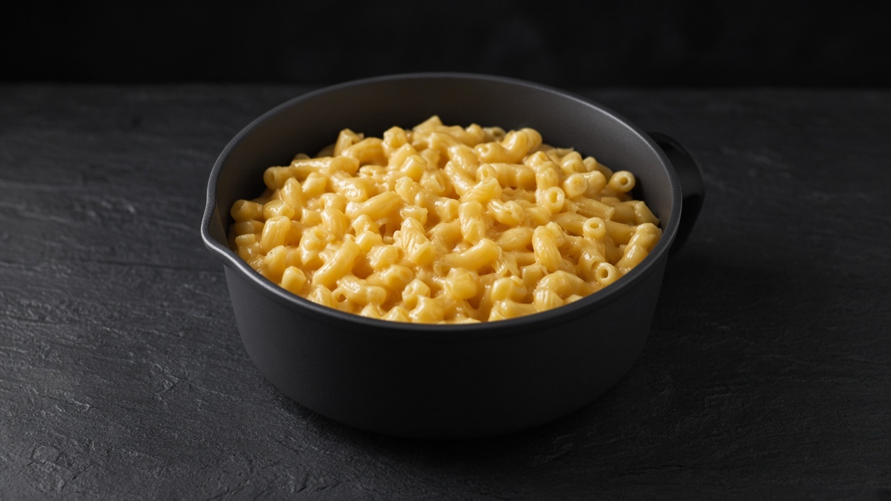 A pan of creamy stovetop macaroni cheese with no crumb topping.