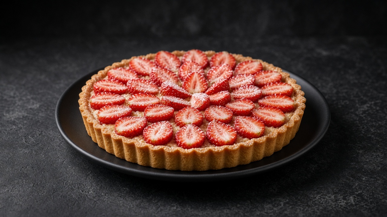 A tart covered in rings of halved fresh strawberries over a thin almond cream, dusted with icing sugar.