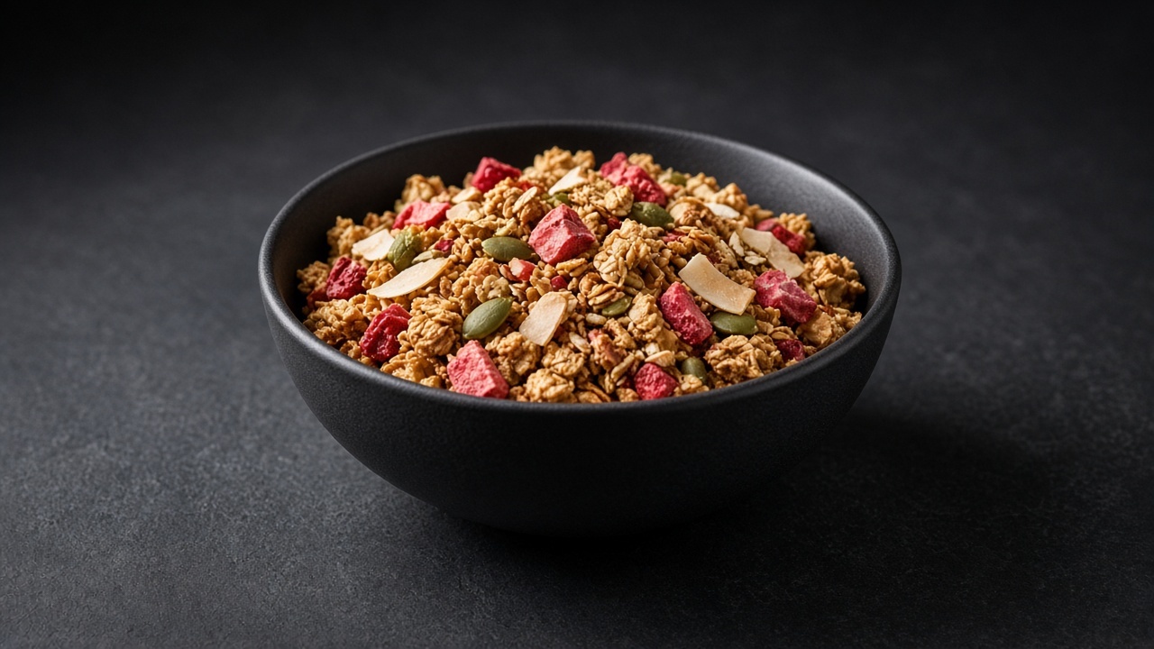 Granola with visible strawberry pieces, almonds and pumpkin seeds.
