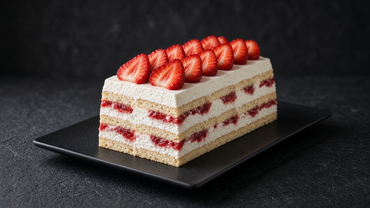A loaf-shaped icebox cake showing neat layers of vanilla cream, softened wafers and strawberry compote, topped with halved strawberries.