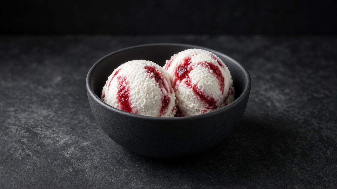 White buttermilk ice cream marbled with ribbons of red strawberry jam.
